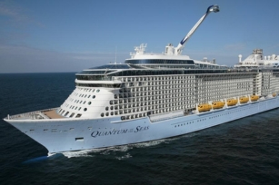 image of a close up of the Quantum of the Seas featuring deep blue waters and clear blue skies